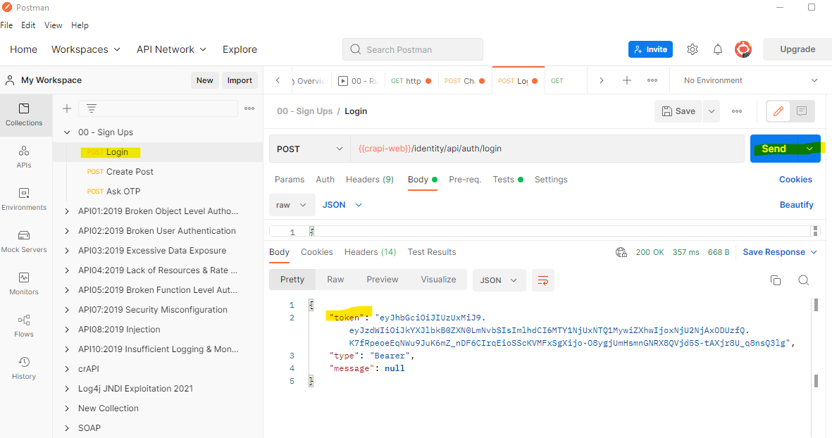 Screenshot of postman logging into crAPI